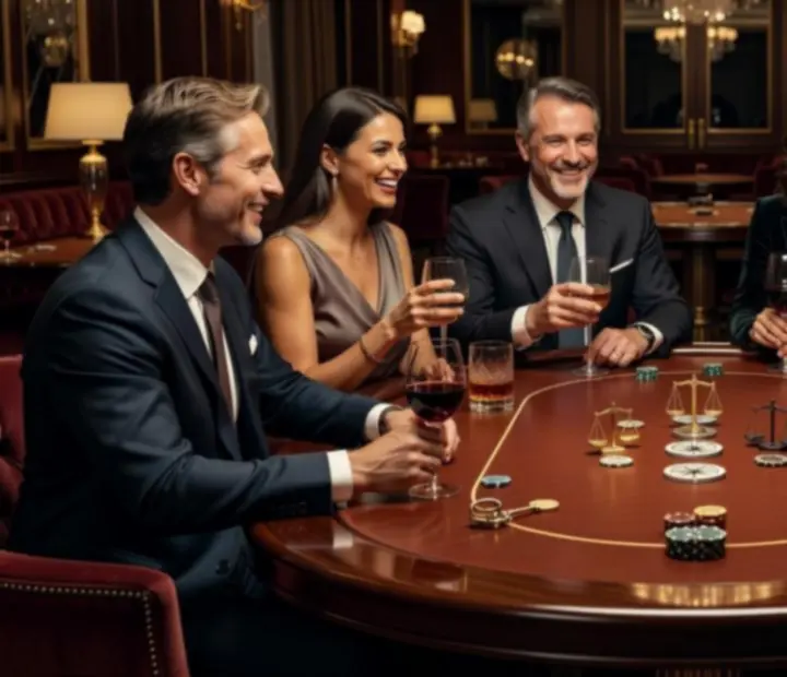 Barátságos poker est elegáns környezetben, játékosok asztal körül szimbolikus zsetonokkal