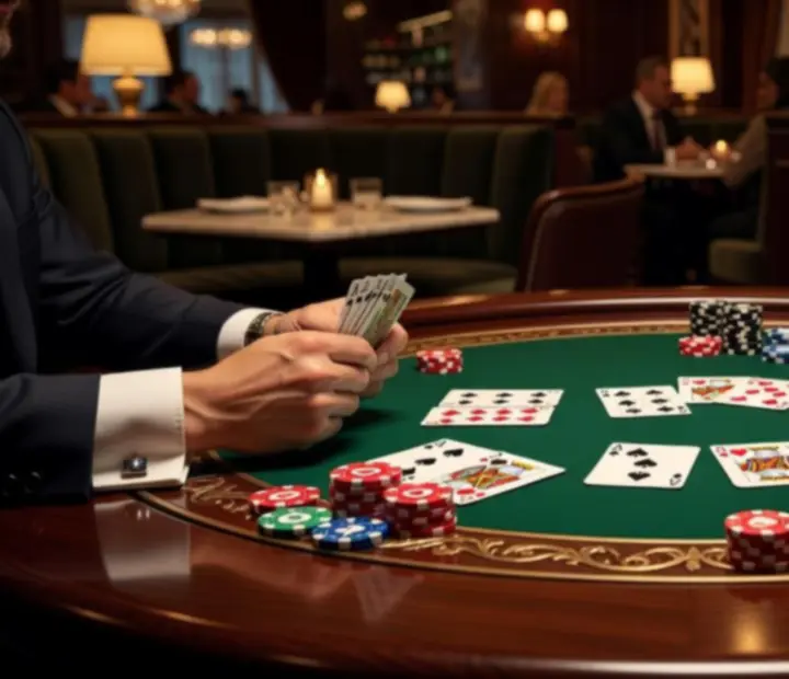 Elegáns poker játékasztal arany részletekkel és szimbolikus zsetonokkal