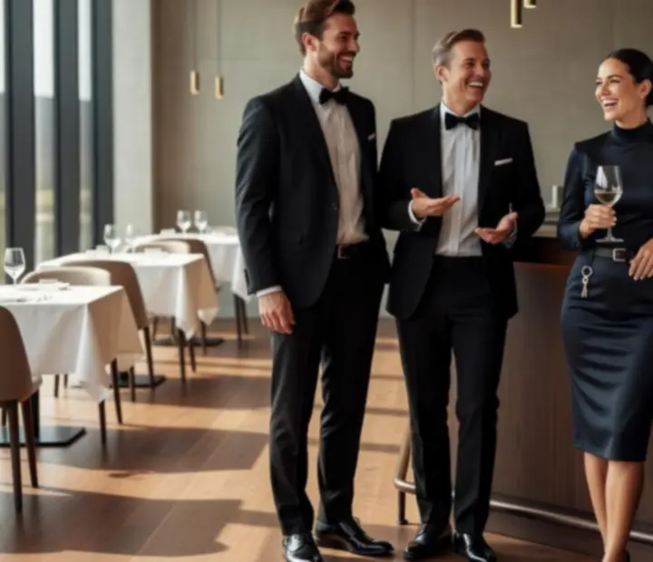 Mosolygós éttermi csapat elegáns, modern környezetben